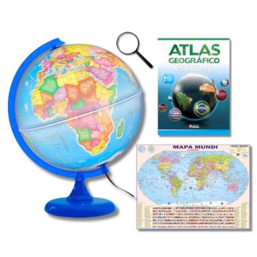 Imagem de GLOBO TERRESTRE POLÍTICO LUMINOSO BASE AZUL 30CM + MAPA MUNDI + ATLAS GEOGRÁFICO + LUPA