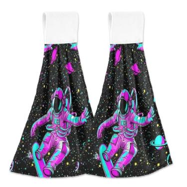 Imagem de Toalhas de mão Astronaut Space Dark Black Spring com laços para pendurar conjunto de 2 toalhas de forno ultra absorventes, toalhas personalizadas para cozinha, banheiro, 47 x 35 cm