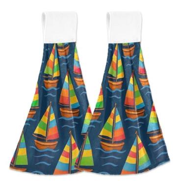 Imagem de Veleiros fofos personalizados azul escuro toalhas de cozinha penduradas no outono conjunto de 2 toalhas de cozinha macias absorventes decorativas, 46 x 35 centímetros