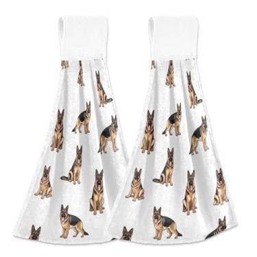 Imagem de Pastor Alemão Branco Animal Toalhas de Cozinha Personalizadas com Laço Pendurado Forno Toalhas de Gravata Absorventes Macio Decorativo Conjunto de 2, 45 x 35 cm