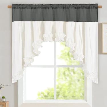 Imagem de Likiyol Sanefas de linho para janelas de fazenda com babados e saia rústica para janela rural cortinas de cozinha com filtro de luz, cortinas de cozinha com bolso para varão, cortinas para banheiro