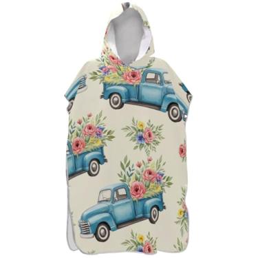 Imagem de Joisal Roupão vintage azul caminhões flores creme surf poncho trocador para adultos absorvente feminino ponchos com capuz praia moletom toalha natação