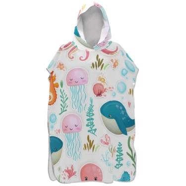 Imagem de Joisal Poncho de surfe absorvente para trocador adulto com capuz toalha de praia estampada criaturas marinhas fofas poncho masculino com capuz