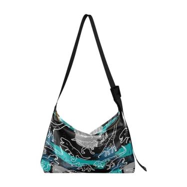 Imagem de Bolsa Hobo Feminina de Couro PU Azul Escuro Bonito Crocodilo Bolsa de Couro Grande Estampa Animal Colorida Bolsa Hobo, Estampa de dinossauro azul e preto