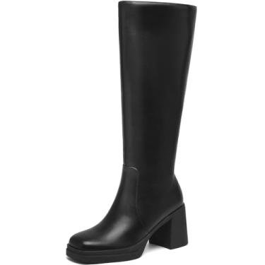 Imagem de Botas femininas na altura do joelho, bico quadrado, zíper lateral, salto grosso, 7,6 cm, botas de plataforma para mulheres, couro sintético, botas altas com panturrilha larga, confortável, casual