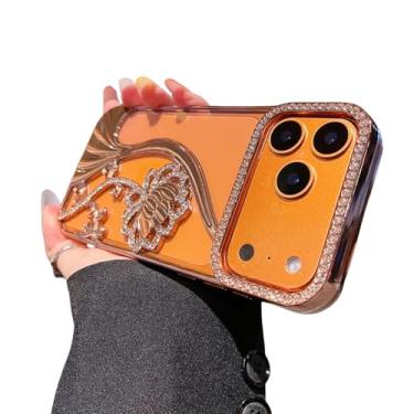 Imagem de Capa transparente para celular com flores de strass brilhantes para iPhone 17, 16, 15, 14, 13, 12, 11 Pro Max, Air Plus, com moldura reforçada, nas cores dourado e laranja. Compatível com iPhone