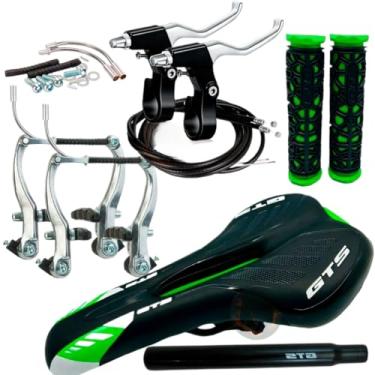 Imagem de Freio V-brake Para Bicicleta C/Manete Alumínio Cabos Kit Completo + Selim Com Manopla Gts Mtb Vazado Banco Para bike(kit freio + banco verde)