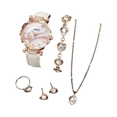 Imagem de Conjunto De Relógio De Pulso Feminino Com Pulseira De Couro E Strass, 