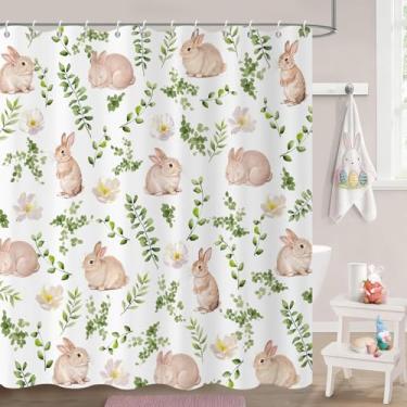 Imagem de GCIREC Cortina de chuveiro de Páscoa, coelhinho da Páscoa fofo com flores, plantas botânicas, banheiro, curtai, decoração de banheira, tecido à prova d'água, lavável na máquina com 12 ganchos, 182 cm