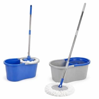 Imagem de Mop Giratório 360° Balde Duplo Centrífugador, Cabo Extensível, Limpeza Rapida Pesada, Alta Absorção, Esfregão Refil Microfibra Lavável Pisos, Porcelanato, Vinilicos, Cor Azul ou Cinza - Envio Sortido