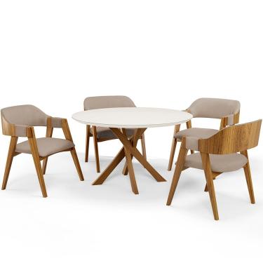 Imagem de Mesa De Jantar Redonda Cora 120cm Off White M04 com 04 Cadeiras Living Suran Linho Bege Escuro - Lyam
