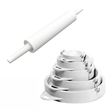 Imagem de Rolo Abrir Massa 38cm + Kit 5 Moldes Meia Lua – Ideal para Pastel, Pizza e Massas Culinárias Padrão(Branco)