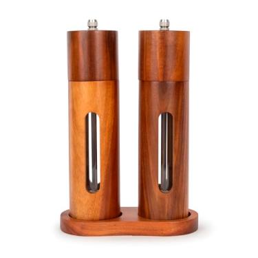 Imagem de Besti Conjunto de moedor de sal e pimenta de madeira com bandeja - Moedores recarregáveis de acácia de 20 cm para sal do Himalaia, pimenta, pimenta, temperos - moedor de pimenta e sal reutilizável