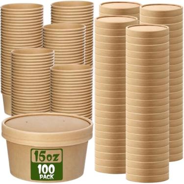 Imagem de Fulmoon Embalagem com 100 recipientes de sopa de papel com tampas, recipientes de papel descartáveis para alimentos com tampa ventilada Kraft sorvete, bolo, sobremesa, copos de sopa, tigela para
