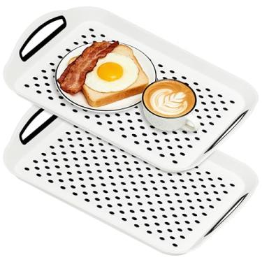 Imagem de Bandejas antiderrapantes com alças, conjunto de 2 bandejas de comida para comer no sofá, bandejas retangulares para servir na lava-louças para jantar, café da manhã e lanches (branca)