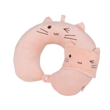 Imagem de Kit Viagem Almofada Travesseiro Pescoço Carro Avião Ônibus Descanso Máscara Dormir Conforto ref: KSL-73(Gato Rosa)