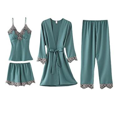 Imagem de HHHJQFAAT Pijama feminino conjuntos de pijama Cami Top camisola 4 peças roupa de dormir cetim robe conjuntos de camisola pijama XXL preto-A (verde a)