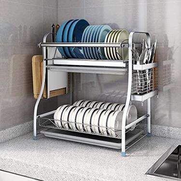 Imagem de Escorredor de pratos escorredor de pratos 2/3 camadas suprimentos de cozinha drenagem de armazenamento com pauzinhos/facas/suporte de tábua de corte suporte de placa de panela (cor: prata, tamanho: 2