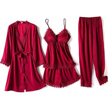Imagem de HHHJQFAAT Pijama feminino 4 peças conjunto de pijama cami de cetim com roupão decote em V vestido de vestir acabamento em renda G rosa conjunto -A (Borgonha a)