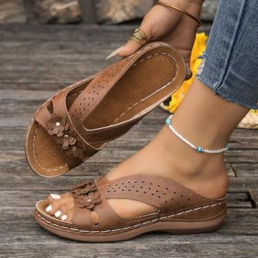 Imagem de Sandálias femininas de salto baixo com plataforma elegante, bico aberto, flor, confortável, caminhada, casual, sem cadarço, sapatos de verão, Marrom, 36
