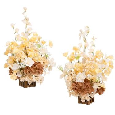 Imagem de Ling's moment Arranjos de flores artificiais de 44,5 cm de altura, 2 peças, decorações de cadeira de corredor de casamento, pêssego macio e marrom, centros de mesa para cerimônia, recepção, rosa