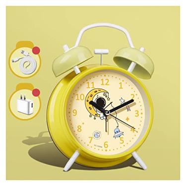 Imagem de Despertador para quarto, despertador para pessoas com sono pesado, adultos, crianças, quartos, adolescentes, sem tique-taque, sino duplo, despertador com luz de fundo, relógio de mesa (amarelo)
