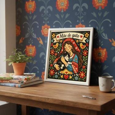 Imagem de Quadro Decorativo Mãe De Gato 33X33Cm Mold Branca Vidro - Quadros On-L