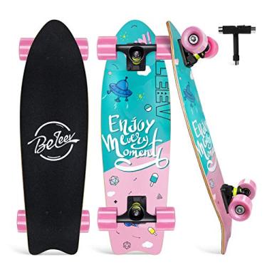 Imagem de Beleev Skates Iniciantes Infantil, Cruiser Skateboard Completo de 69 Cm para Crianças Adolescentes Adultos, Skate de Truque Côncavo de 7 Camadas de Bordo de Ponta Dupla(Rosa)