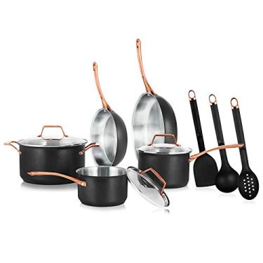 Imagem de NutriChef Panelas e frigideiras antiaderentes - 11 peças. Conjunto de cozinha elegante com design moderno de utensílios de cozinha, frigideiras pequenas e médias com alças douradas (NCONYX)