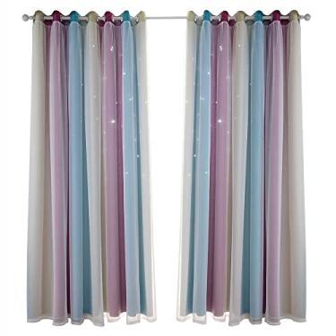 Imagem de Tingpai Co nas em estrela Co nas em preto pa crianças Quarto de meninas pa meninas Sala de estar Co nas de janela coloridas de duas camadas com estrela, 1 painel (53 "W x108" L ， Roxo)