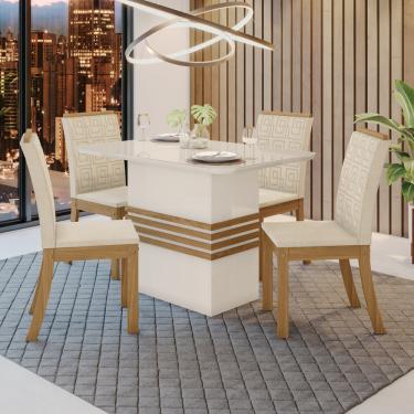 Imagem de Conjunto Sala de Jantar Tampo MDF com Vidro Canto Arredondado 120 Cm 04 Cadeiras Marilia Casa 812 - Off White com Nature e Linho