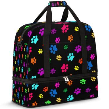Imagem de Bolsa esportiva de viagem dobrável com estampa de pata de cachorro colorida, bolsa de ginástica esportiva com compartimento para sapatos de fim de semana para mulheres e homens, Multicor, One Size