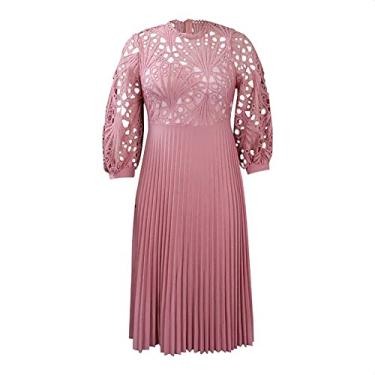 Imagem de Vestidos de convidados de casamento femininos vestidos de praia de renda de verão oco plissado vestido longo de coquetel vestido longo plus size vestido solto, rosa, 3GG