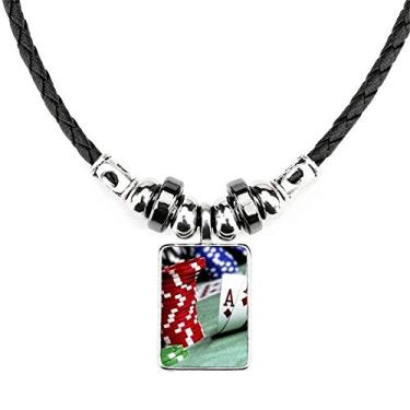 Imagem de DIYthinker Colar com fichas de foto para jogos de pôquer, joia com pingente de corda de couro
