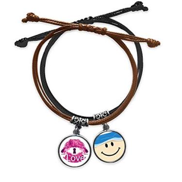 Imagem de Pulseira de couro com cordão para o dia dos namorados, lábios, rosa, coração, coração sorridente