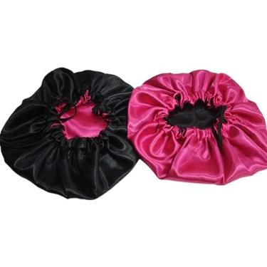 Imagem de 2 touca de cetim dupla face toca dupla face de cetim preta com pink (preta com pink, cabelos curtos e médios)