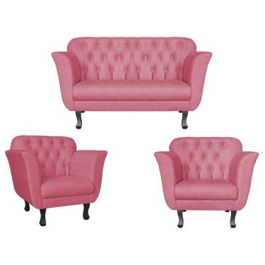 Imagem de Kit Namoradeira + 2 Poltronas Decorativa Dália Suede Rosa Pés Madeira Ms Decor