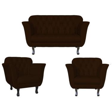 Imagem de Kit Namoradeira + 2 Poltronas Decorativa Dália Suede Marrom Pés Madeira Ms Decor