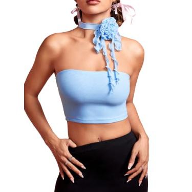 Imagem de BEAUDRM Camiseta feminina Y2K para adolescentes lisa 3D flor frente única cropped frente única sem mangas cropped slim fit cami top, Azul, G