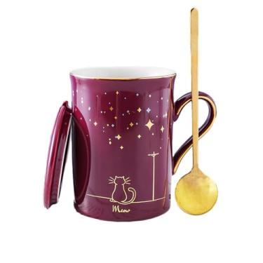 Imagem de KUNVAMUL Conjunto de caneca de café Starry Sky Cat 325 ml, xícaras de cerâmica, colheres, xícaras de café para amantes de gatos (vermelho)