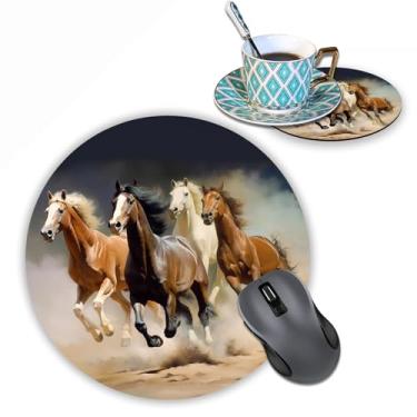Imagem de Tapete de rato redondo com conjunto de porta-copos, tapete de rato de cavalo, tapete de rato de design de cavalo de corrida Tapete de rato de borracha antiderrapante Mousepad de borracha antiderrapante Acessórios de escritório Decoração de secretária Tapetes de rato para computadores portáteis