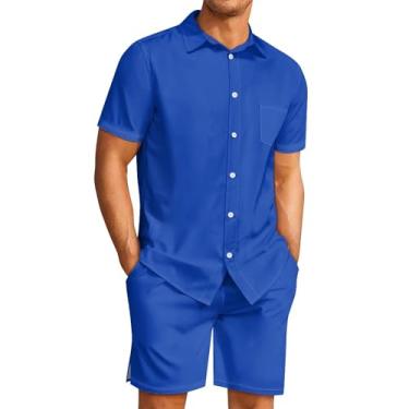 Imagem de Sipumia Conjunto masculino havaiano casual de botão, 2 peças, camisa de praia de verão lisa e shorts para férias, Azul-real, GG