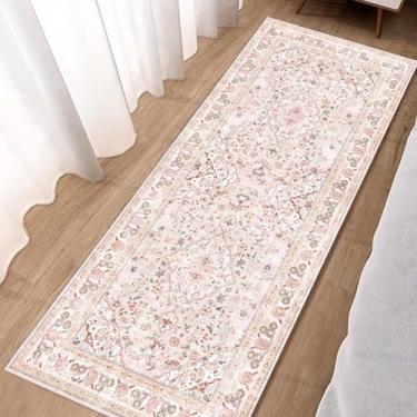 Imagem de Vhong Tapetes de área rosa laváveis boho vintage moderno corredor neutro 2 × 6 tapete para cozinha corredor sala de estar quarto de meninas quarto de bebê antiderrapante