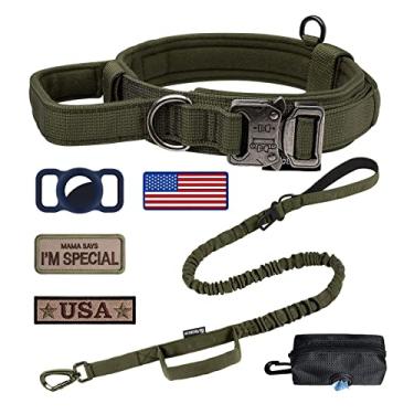 Imagem de OEBEESA Conjunto tático de coleira e trela: coleira de cachorro de nylon militar ajustável com alça retrátil para absorção de choque para cães médios e grandes com remendos de suporte Airtags