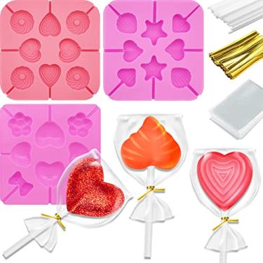 Imagem de 303 peças de moldes de silicone para dia dos namorados, moldes de silicone para pirulito, conjunto de moldes de pirulito de coração, Sakura, lábios, flor rosa, estrela, doces, moldes para assar com