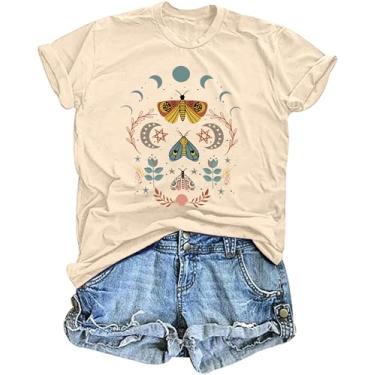 Imagem de Camiseta feminina boho borboletas lua mariposa flor camiseta botânica estampa de abelha amantes da natureza tops, Creme, XXG