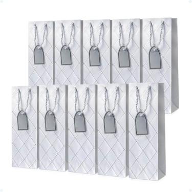 Imagem de Kit 10 Sacolas Para Garrafas De Vinho e Bebidas De Papel 35x11x9cm (Saco de Presente Com Etiqueta, Branco)