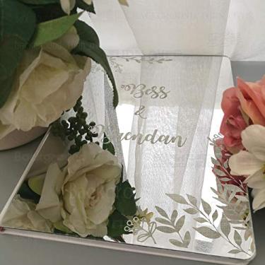 Imagem de BackgroundTurnOver Livro de visitas decoração de assinatura de casamento livro de visitas gravação espelho festa branco nomes personalizados data presentes para check-in de madeira personalizado em