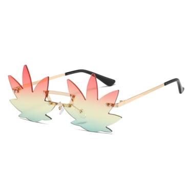 Imagem de LJCZKA Óculos de sol femininos e masculinos em formato de folha de bordo, sem aro, rave, festival, festa, dia das bruxas, acessórios de Natal, Dourado, vermelho, amarelo, verde, tamanho �nico