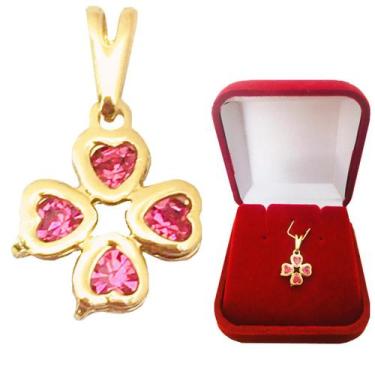 Imagem de Pingente Feminino Trevo da Sorte Coração Rosa em Zircônia Cravejada Ba